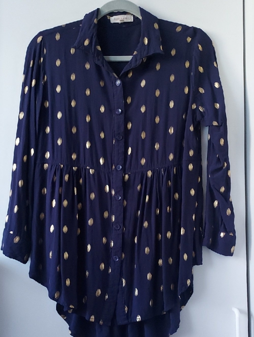 Solitaire Navy Blue Button-Up Blouse with Gold Dot Accent